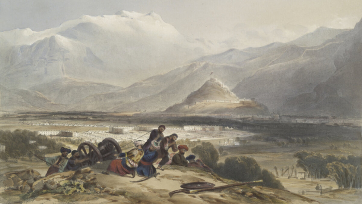 An 1848 lithograph of the Bala Hissar citadel and the city of Kabul, by James Rattray