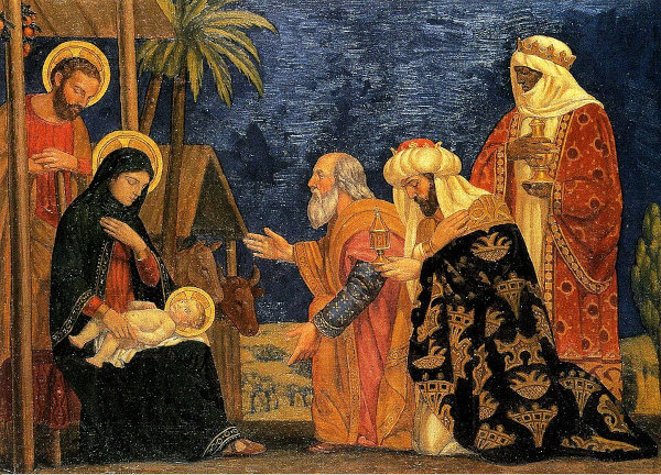A painting of the Adoration of the Magi: the wise men from the East presenting their gifts to the infant Christ