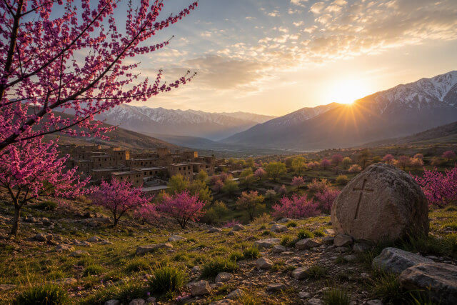An Afghan valley showing redbuds in spring
